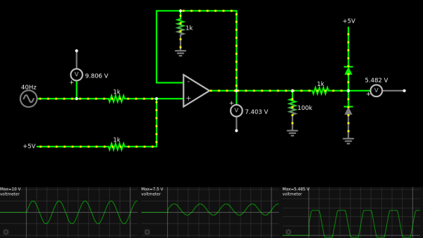 schematics of non-inverting voltage mixer with the clipping diodes on the output