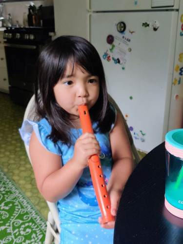 A child in a nightgown sitting at a kitchen table playing an orange wooden recorder. (The photographer is just trying to have some breakfast in peace.)