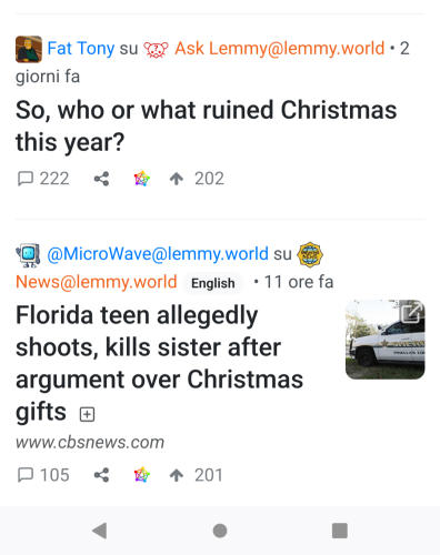 Two Lemmy posts, one reads "So what ruined Christmas this year?" and the one right under "Florida teen shoots and kills sister after argument over gifts"